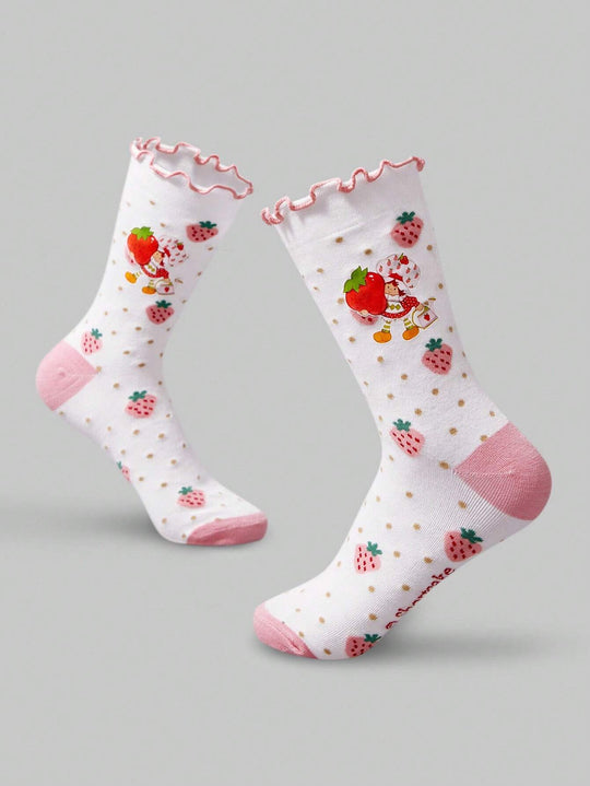 Luxury Strawberry Ruffle Socks for Women – Vintage Chic Mid-Calf Elegance