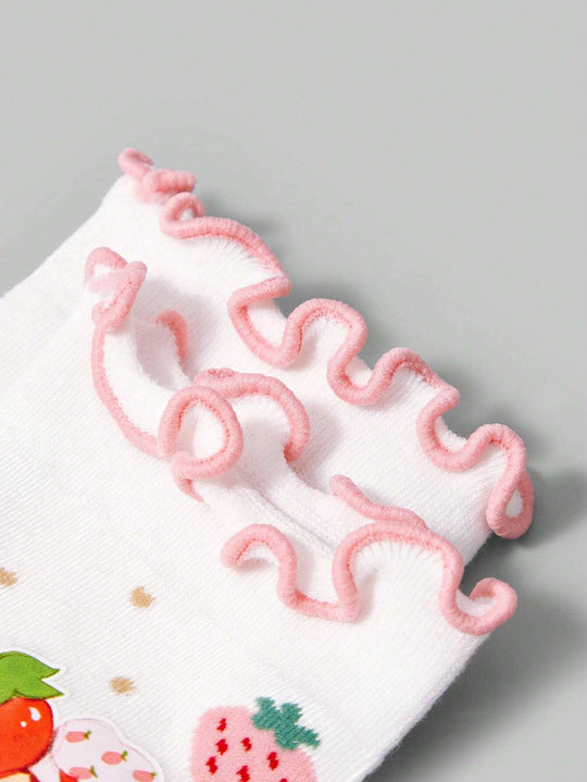 Luxury Strawberry Ruffle Socks for Women – Vintage Chic Mid-Calf Elegance