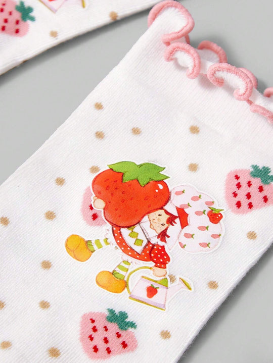 Luxury Strawberry Ruffle Socks for Women – Vintage Chic Mid-Calf Elegance