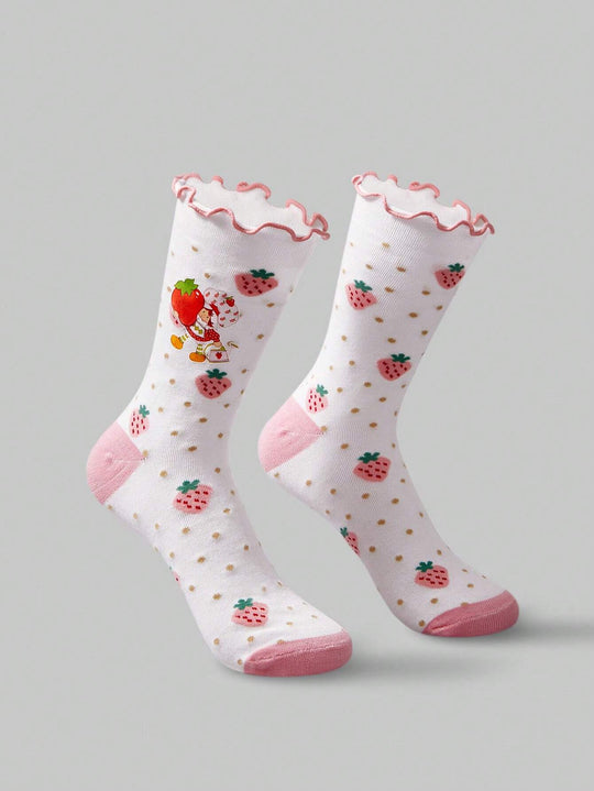 Luxury Strawberry Ruffle Socks for Women – Vintage Chic Mid-Calf Elegance