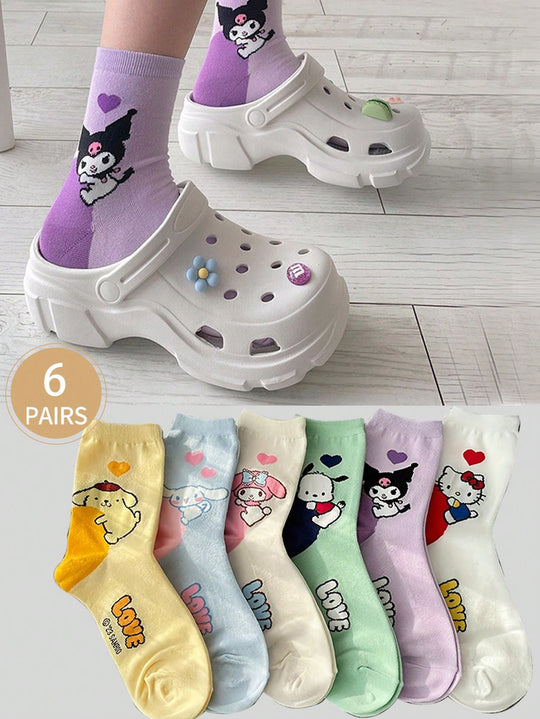 6 Pairs Cartoon Heel Design Mid-Calf Socks for Women